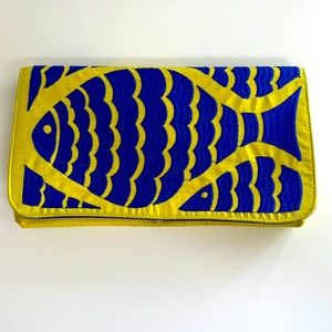Shiraleah  Embroidered Fish Clutch Purse Yellow and Royal Blue